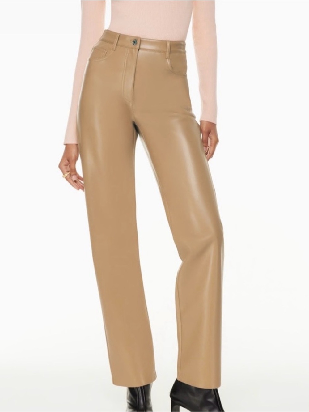 High-Rise Faux Leather Straight Leg Pants in Camel (long length)